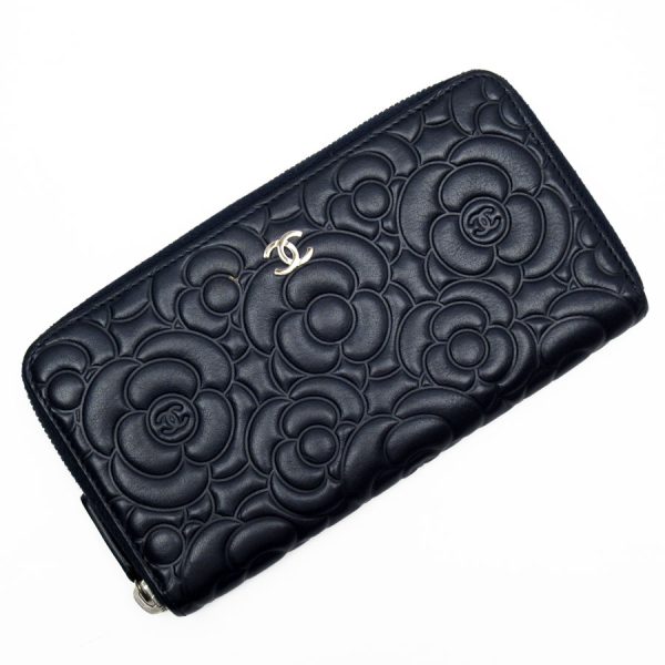 w0460j Chanel Camellia Embossed Leather Round Zipper Long Wallet Navy