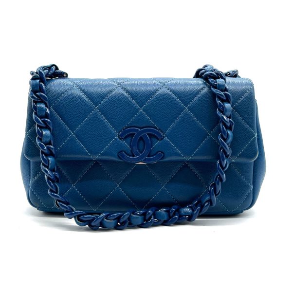 z0225 1 Chanel Matelasse Caviar Skin Leather Crossbody Shoulder Bag Blue