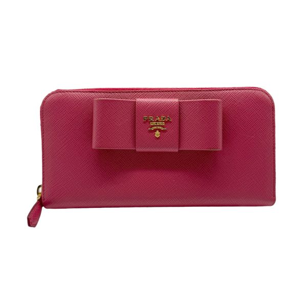 z0422 1 Prada Saffiano Ribbon Round Zipper Long Wallet Deep Pink