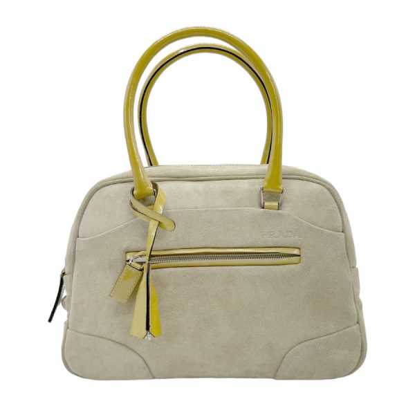 z0572 1 Prada Suede Patent Leather Handbag Beige