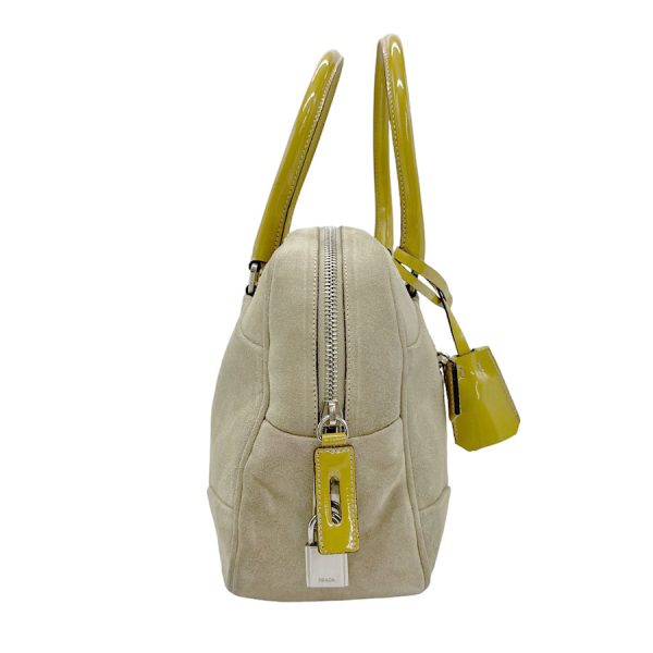 z0572 2 Prada Suede Patent Leather Handbag Beige