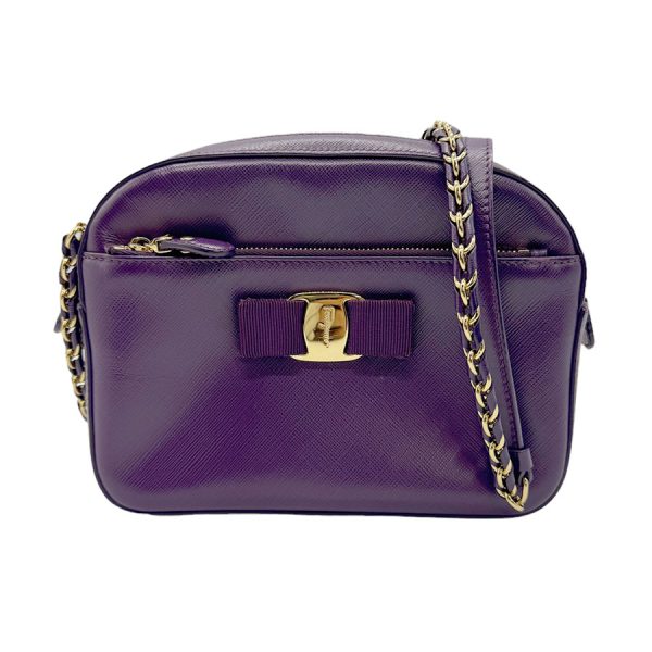 z0712 1 Salvatore Ferragamo Crossbody Shoulder Bag Rose Ribbon Leather Purple