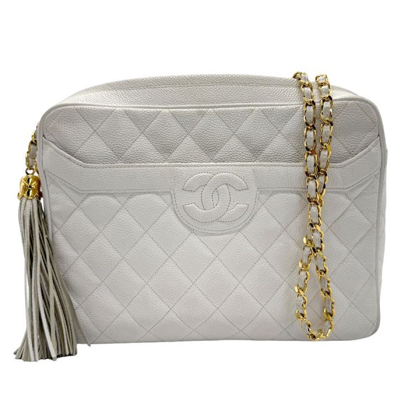 z1096 1 Chanel Matelasse Coco Mark Caviar Skin Leather Shoulder Bag Off White