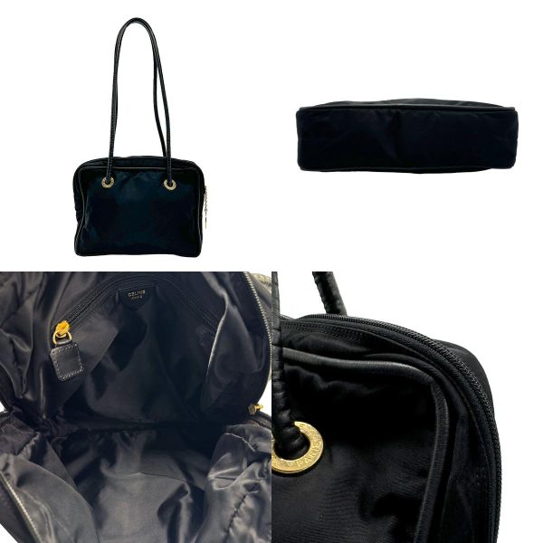 z1619 3 c Celine Nylon Leather Shoulder Bag Black