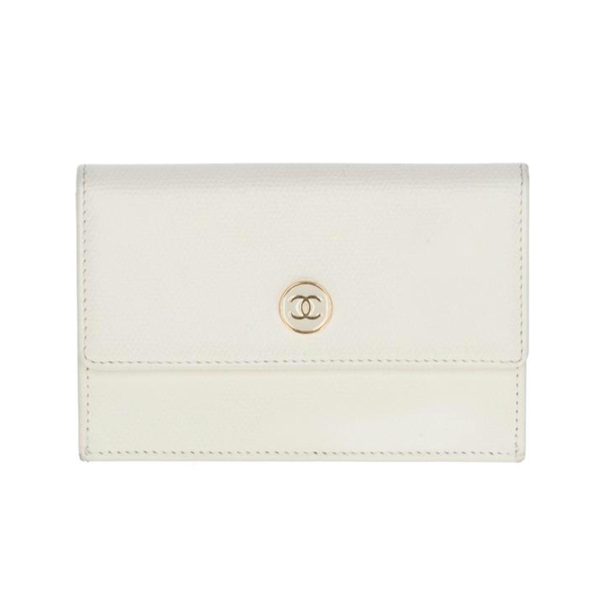 00059 1 Chanel Coco Button Card Case White Key Ring Gold