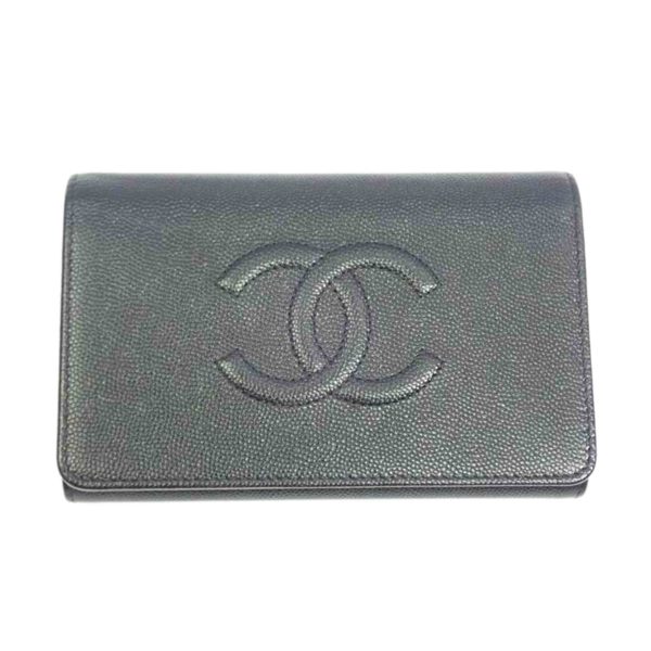 00639 1 Chanel Caviar Skin Coco Mark Three Fold Wallet Black