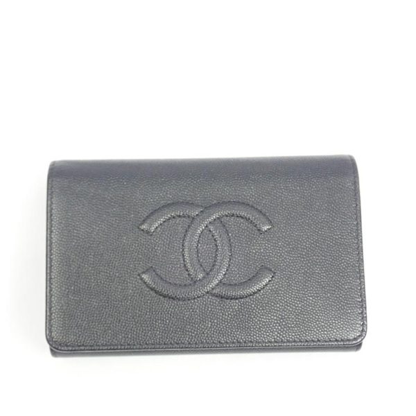 00639 2 Chanel Caviar Skin Coco Mark Three Fold Wallet Black