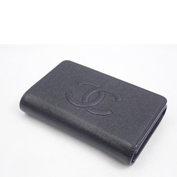 00639 5 Chanel Caviar Skin Coco Mark Three Fold Wallet Black