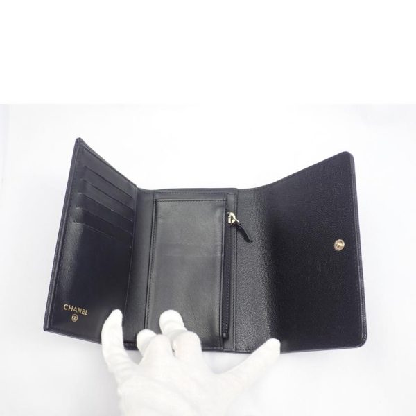 00639 6 Chanel Caviar Skin Coco Mark Three Fold Wallet Black