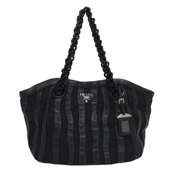 01131 1 Prada Nylon Leather Stripe Tote Bag Black