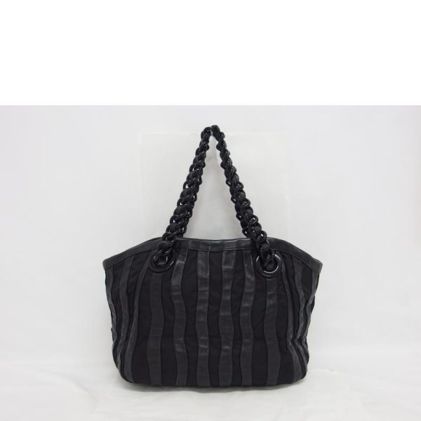 01131 2 Prada Nylon Leather Stripe Tote Bag Black