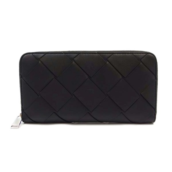 02690 1 Bottega Veneta Maxi Intrecciato Round Zipper Long Wallet Black