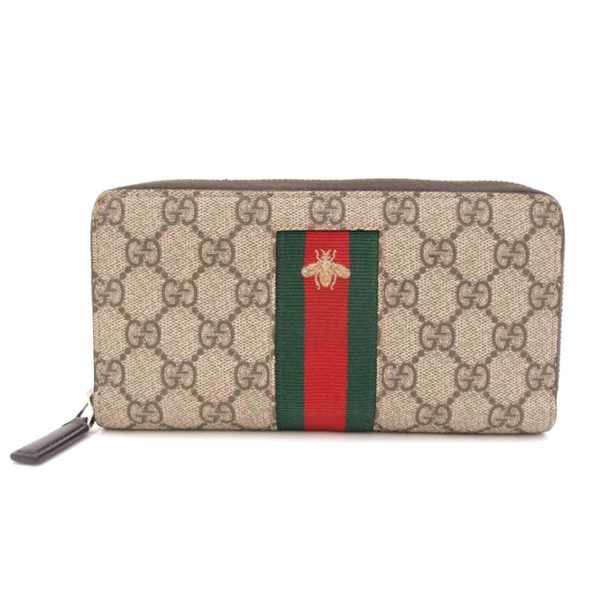 03112 1 Gucci GG Supreme Bee Round Zip Long Wallet Beige