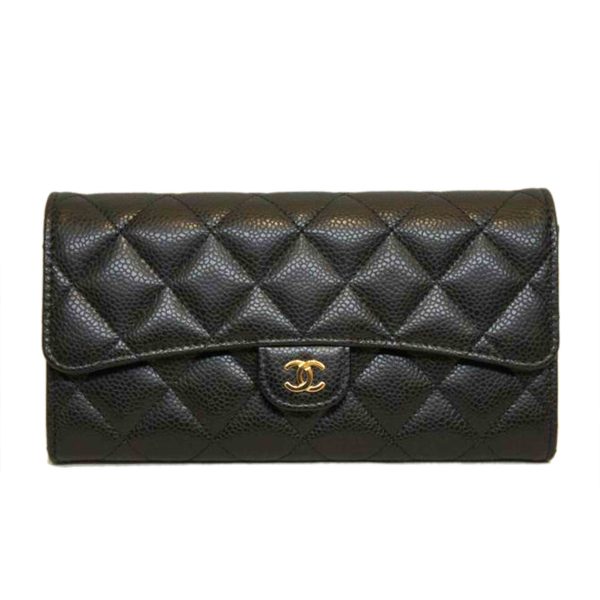 03215 1 Chanel Matelassé Caviar Skin Classic Long Flap Clutch Black