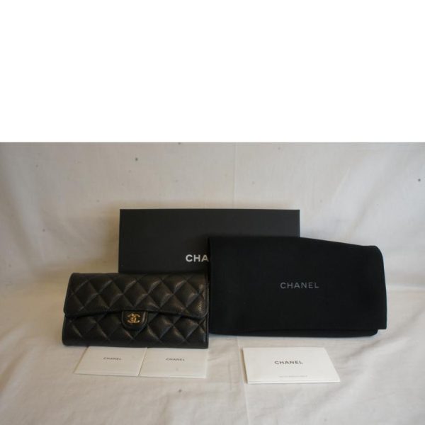 03215 6 Chanel Matelassé Caviar Skin Classic Long Flap Clutch Black