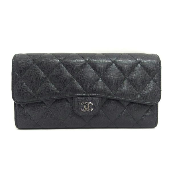 03695 1 Chanel Matelassé Caviar Skin Bi Fold Long Wallet Black Lame