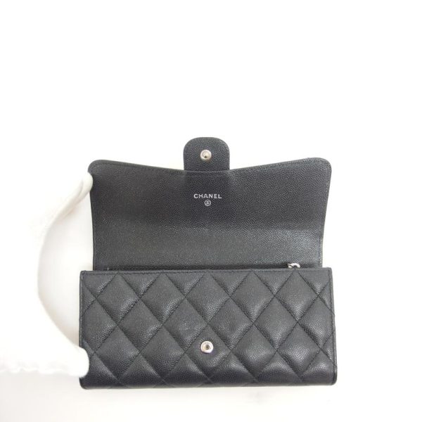 03695 4 Chanel Matelassé Caviar Skin Bi Fold Long Wallet Black Lame