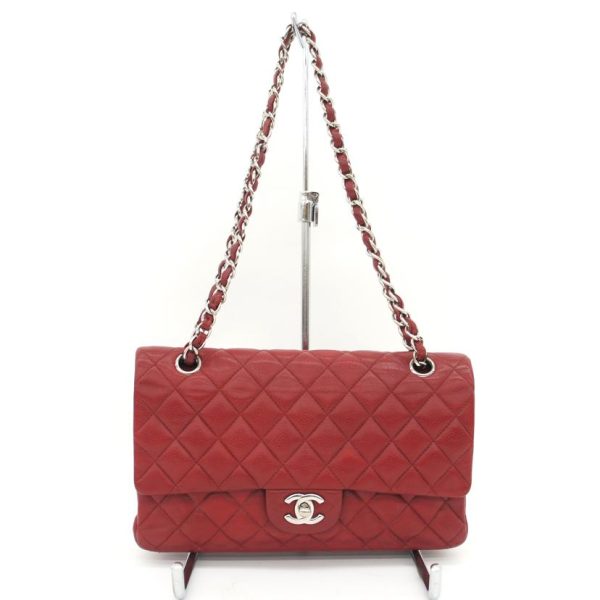 03841 1 Chanel Matelassé Caviar Skin W Flap Chain Shoulder Bag Red