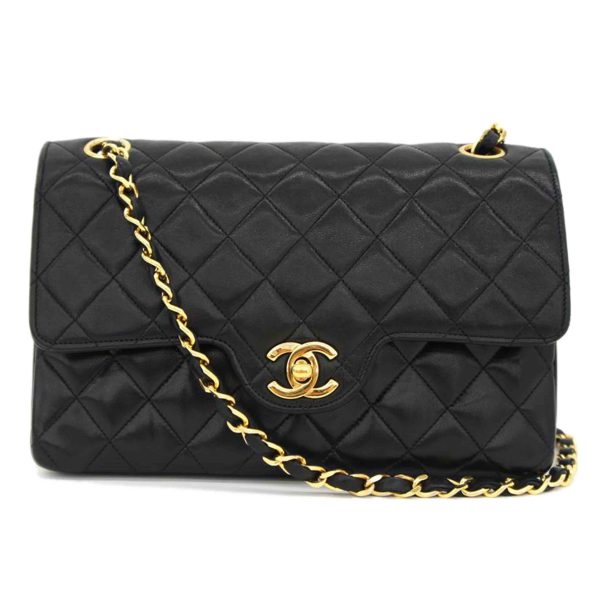 04145 1 Chanel Matelassé W Flap Caviar Skin Chain Shoulder Bag Black