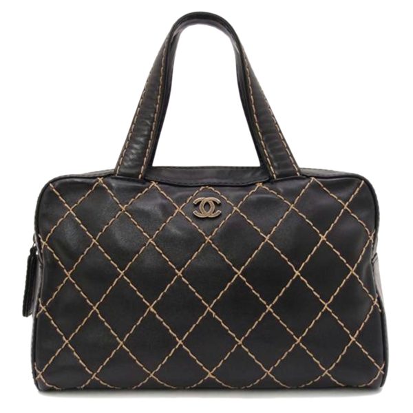 04339 1 Chanel Cocomark Leather Wild Stitch Mini Boston Handbag Black