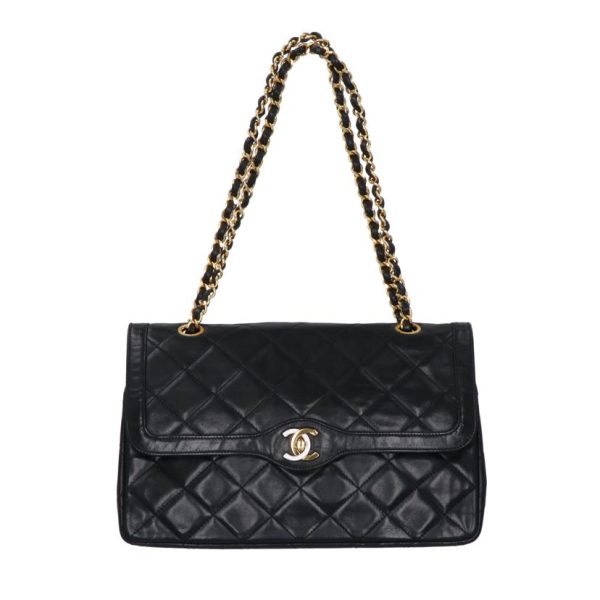 04756 1 Chanel Vintage Matelasse W Flap Chain Shoulder Bag Black