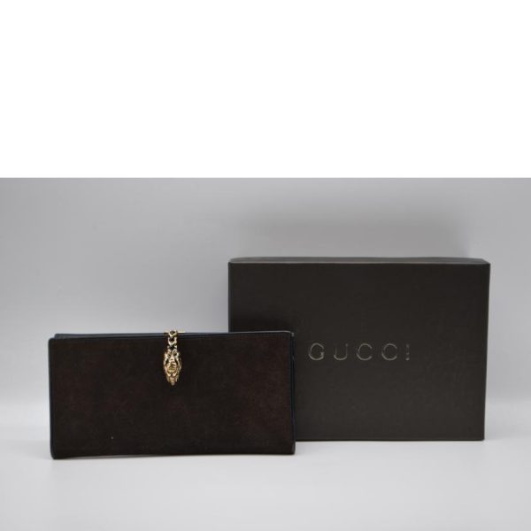 04892 11 Gucci Tiger Head Clip Suede Leather Long Wallet Brown