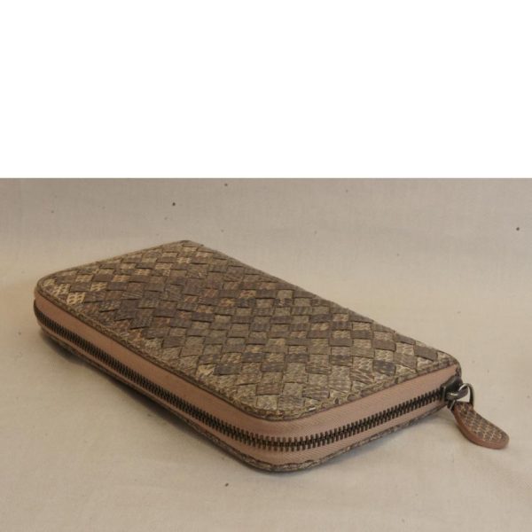 05033 3 Bottega Veneta Intrecciato Round Zipper Wallet Python Leather Gray