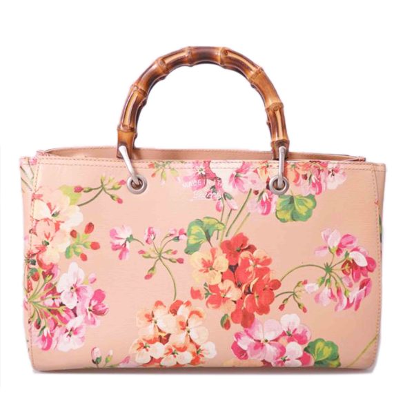 06462 1 Gucci Bamboo Floral Leather Shopper Bag Beige