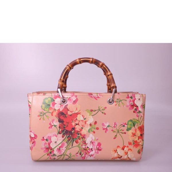 06462 2 Gucci Bamboo Floral Leather Shopper Bag Beige