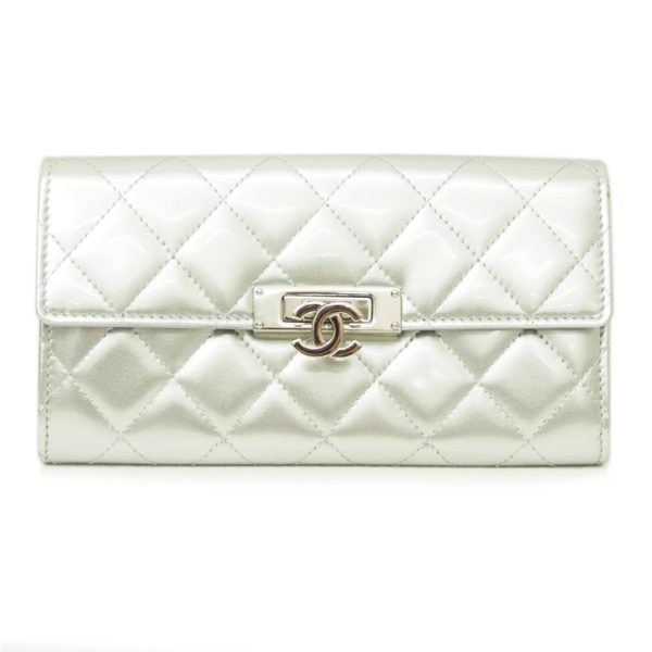 06908 1 Chanel Patent Matelasse Flap Wallet Silver