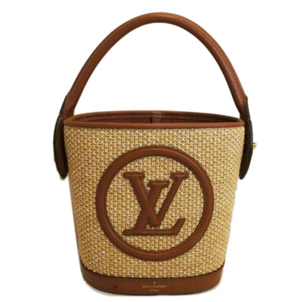 07695 1 Louis Vuitton Petit Bucket Knit Raffia Handbag LV Logo