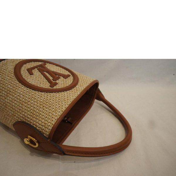 07695 4 Louis Vuitton Petit Bucket Knit Raffia Handbag LV Logo