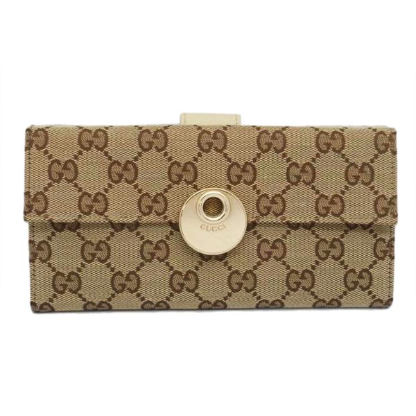 07777 1 Gucci GG Canvas W Hook Bi Fold Long Wallet Beige