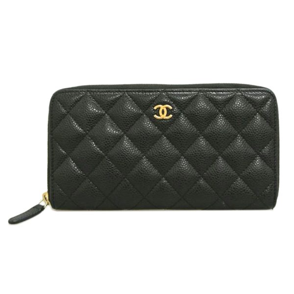 08180 1 CHANEL Round Zipper Long Wallet Caviar Skin Black