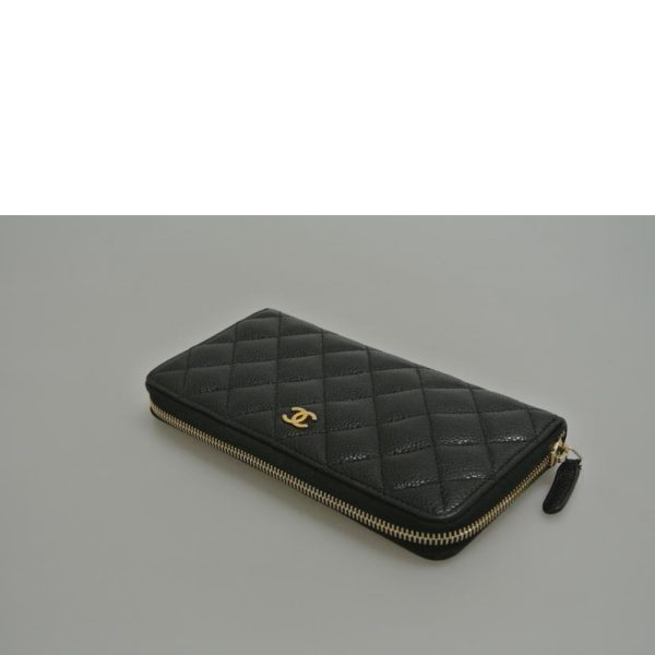 08180 3 CHANEL Round Zipper Long Wallet Caviar Skin Black