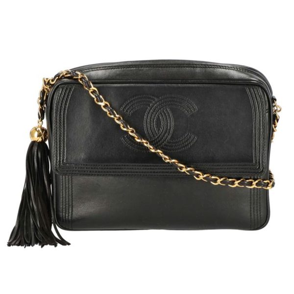 09048 1 Chanel Coco Mark Fringe Chain Shoulder Bag Black