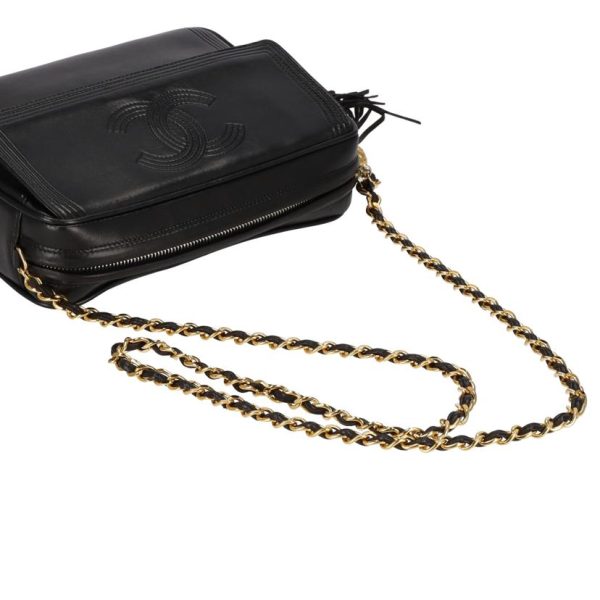 09048 4 Chanel Coco Mark Fringe Chain Shoulder Bag Black