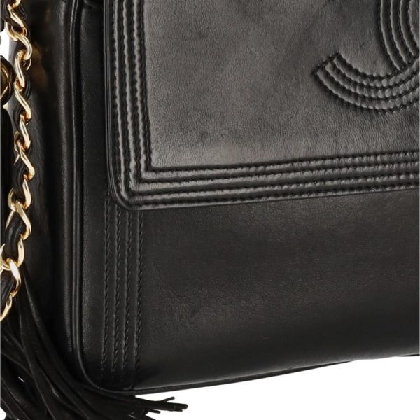 09048 7 Chanel Coco Mark Fringe Chain Shoulder Bag Black