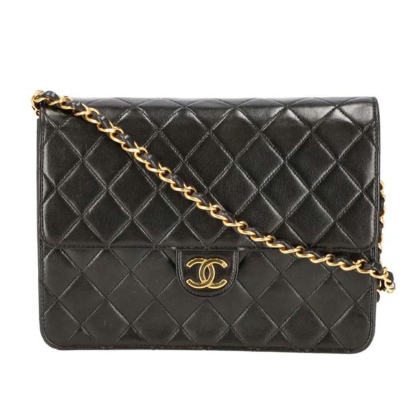 09109 1 Chanel Push Lock Lamb Chain Shoulder Bag Black