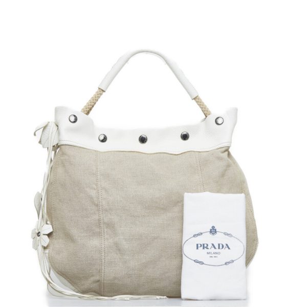 1 0095362 10 Prada Handbag Beige White Canvas Leather