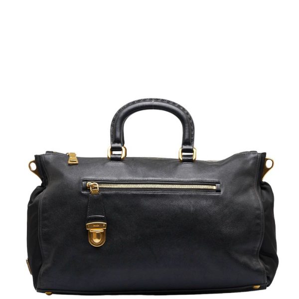 1 0109962 1 Prada Gold Hardware Handbag Black Leather Nylon