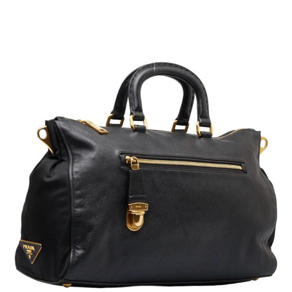 1 0109962 2 Prada Gold Hardware Handbag Black Leather Nylon