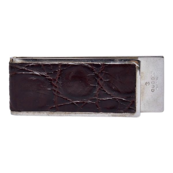 1 0118648 2 Gucci Embossed Money Clip Silver Brown Metal Leather