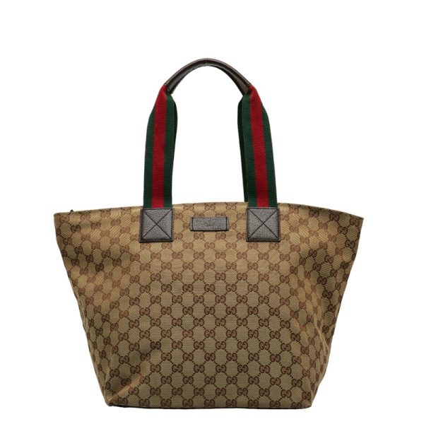 1 0120296 1 Gucci GG Canvas Sherry Line Tote Beige Brown Canvas Leather