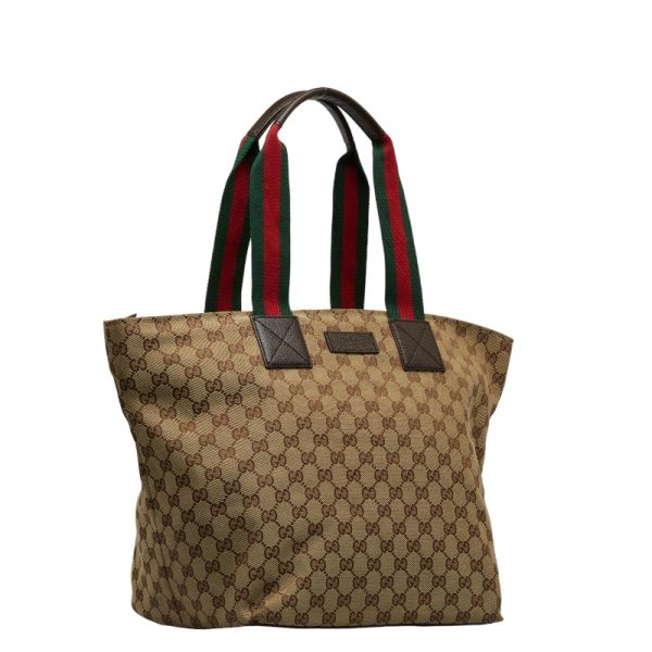 1 0120296 2 Gucci GG Canvas Sherry Line Tote Beige Brown Canvas Leather