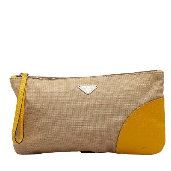 1 0121507 1 PRADA Pouch Clutch Bag Shoulder Bag Beige Yellow Canvas Leather