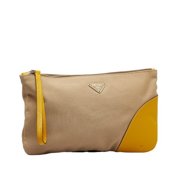 1 0121507 2 PRADA Pouch Clutch Bag Shoulder Bag Beige Yellow Canvas Leather