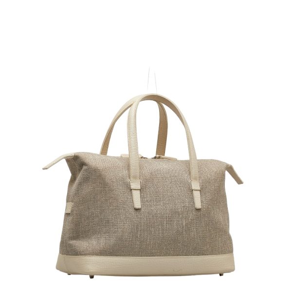 1 0122248 2 LOEWE Logo Embossed Handbag Tote Bag Gray Ivory Linen Leather