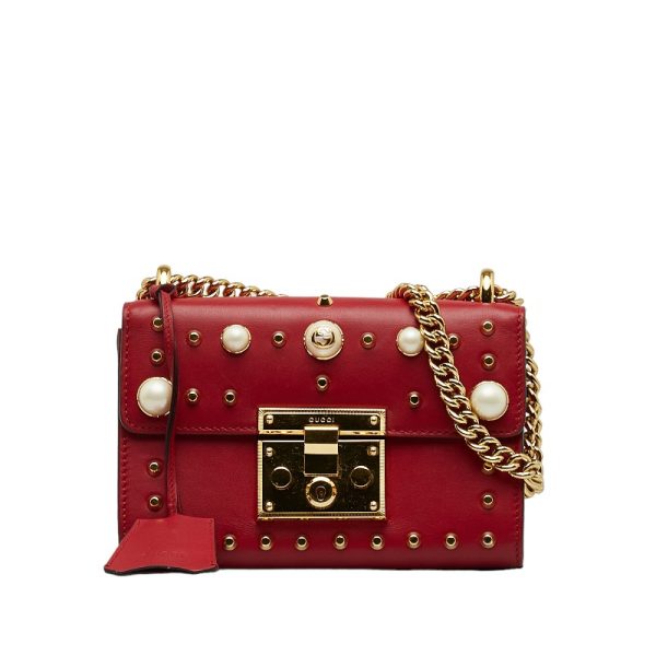 1 0122263 1 Gucci Paddock Studs Faux Pearl Chain Shoulder Bag Red Leather