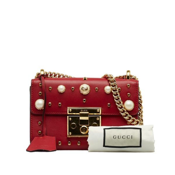 1 0122263 10 Gucci Paddock Studs Faux Pearl Chain Shoulder Bag Red Leather